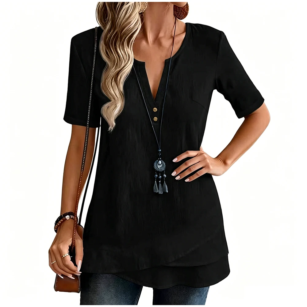 Solid Color Cotton Linen Blend Short Sleeve Top for Women Twisted Button Front Regular Fit for Home Vacation and Club Use