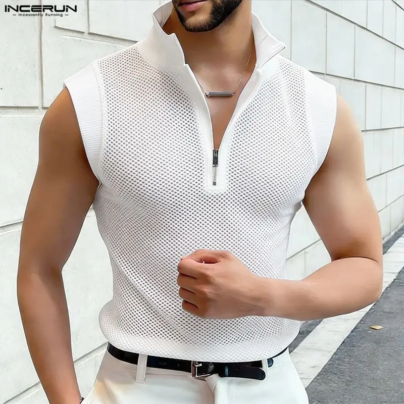 INCERUN Men Tank Tops Hollow Out See Through Summer Male Vests Streetwear Sexy Zipper 2026 Fashion Tops Men Clothes Solid Color