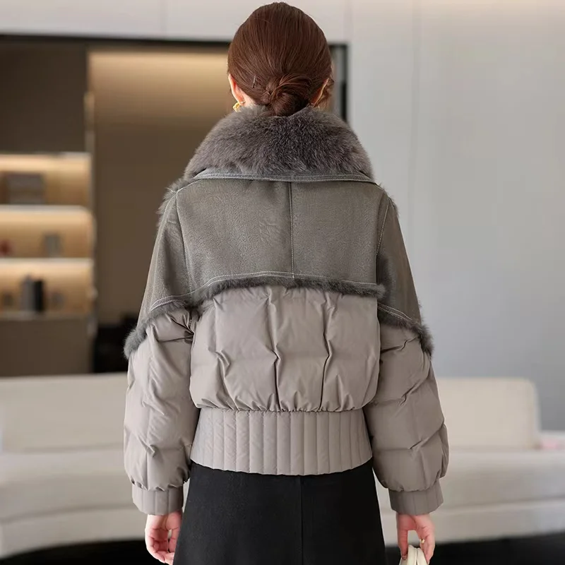 Women's Winter Down Jacket 2024 New Short Style Outerwears Natural Fox Fur Collar White Goose Down Jacket Sheepskin Fabric coat