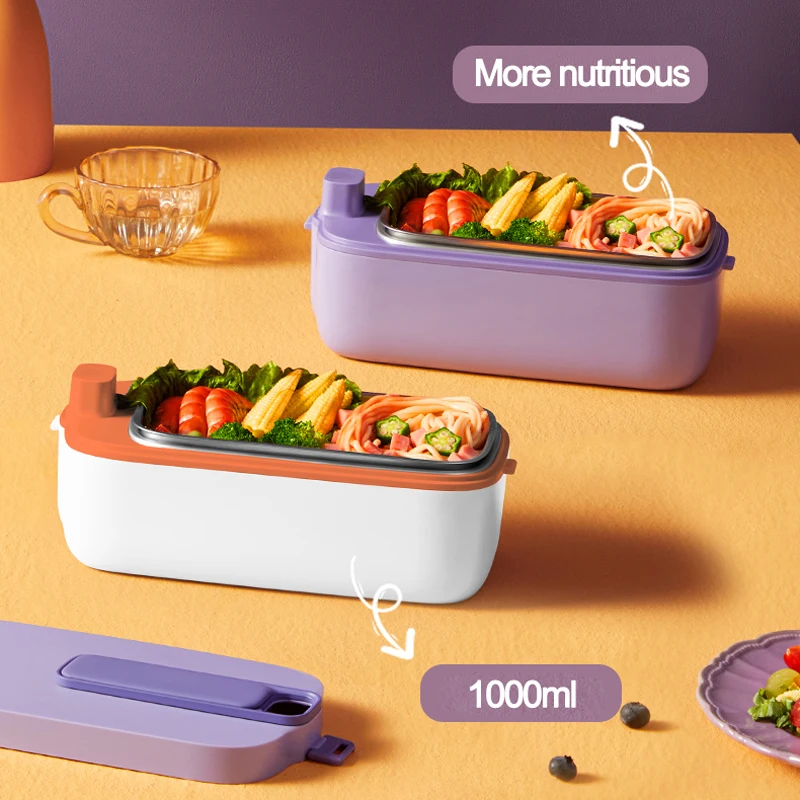 2200mAh Wireless Electric Lunch Box Water-free Heating Food Container Mini Food Warmer Stainless Steel Liner Bento Box 1000ml