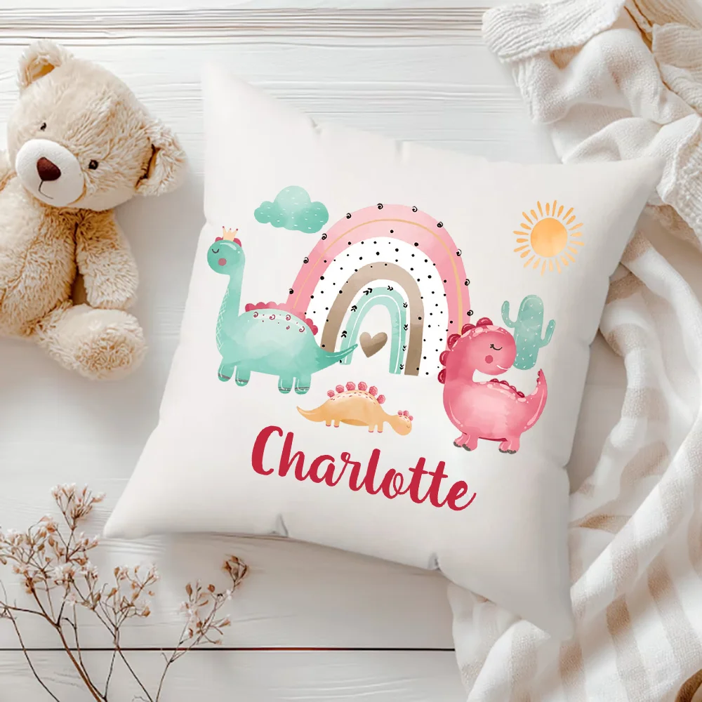 

(Only pillowcases) Personalized dinosaur design pillowcase room decoration custom name, whimsical dinosaur rainbow print, soft