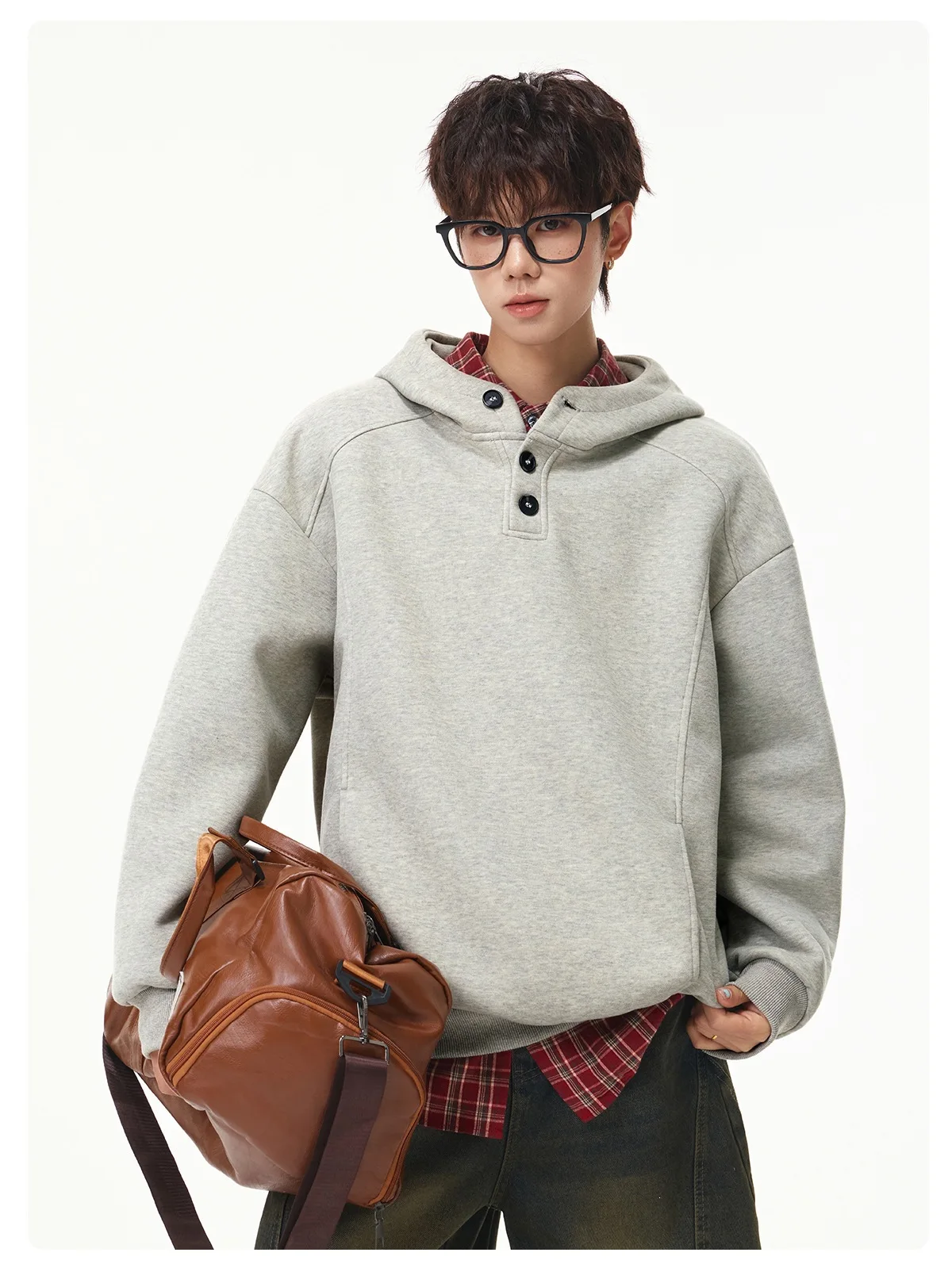 Autumn Winter New Button Half High Neck Hoodie for Men Korean Fashion Harajuku Simple Solid Men's Casual Loose Hooded Sweatshirt