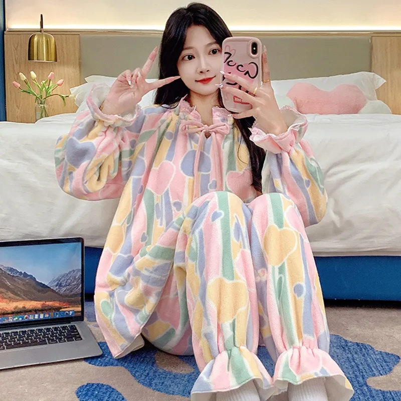 

M-2XL Winter Thickened Warm Sleepwear Loungewear Korean Sweet Printed Pajamas Set Princess Soft Coral Velvet Homewear Outfits