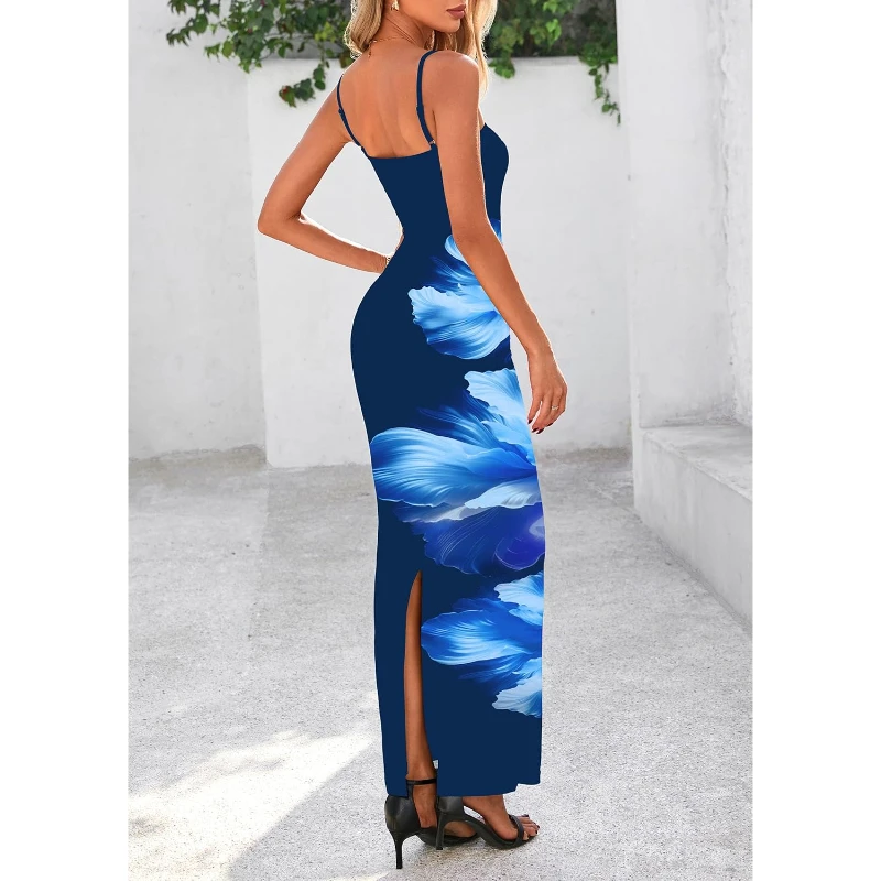 レディース花柄マキシドレス夏 2025 セクシーなスパゲッティストラップスリップボディコンメッシュビーチ休暇ドレス
