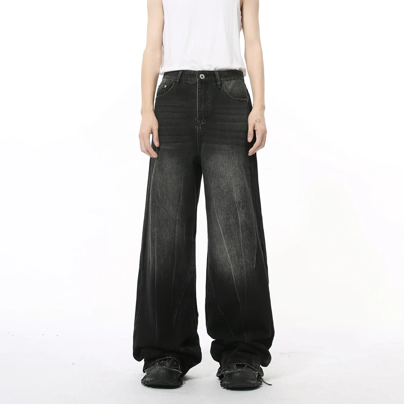 Autumn New American Style Washed Lightning Pattern Retro Straight Wide-Leg Jeans Loose Fit