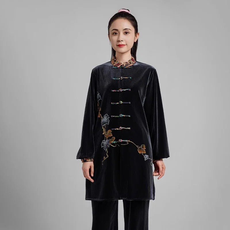 Kun Master Thicken Velvet Taichi Uniform Elegant Winter Martial Arts Suit Embroidery Kung Fu Clothes Taiji for Women