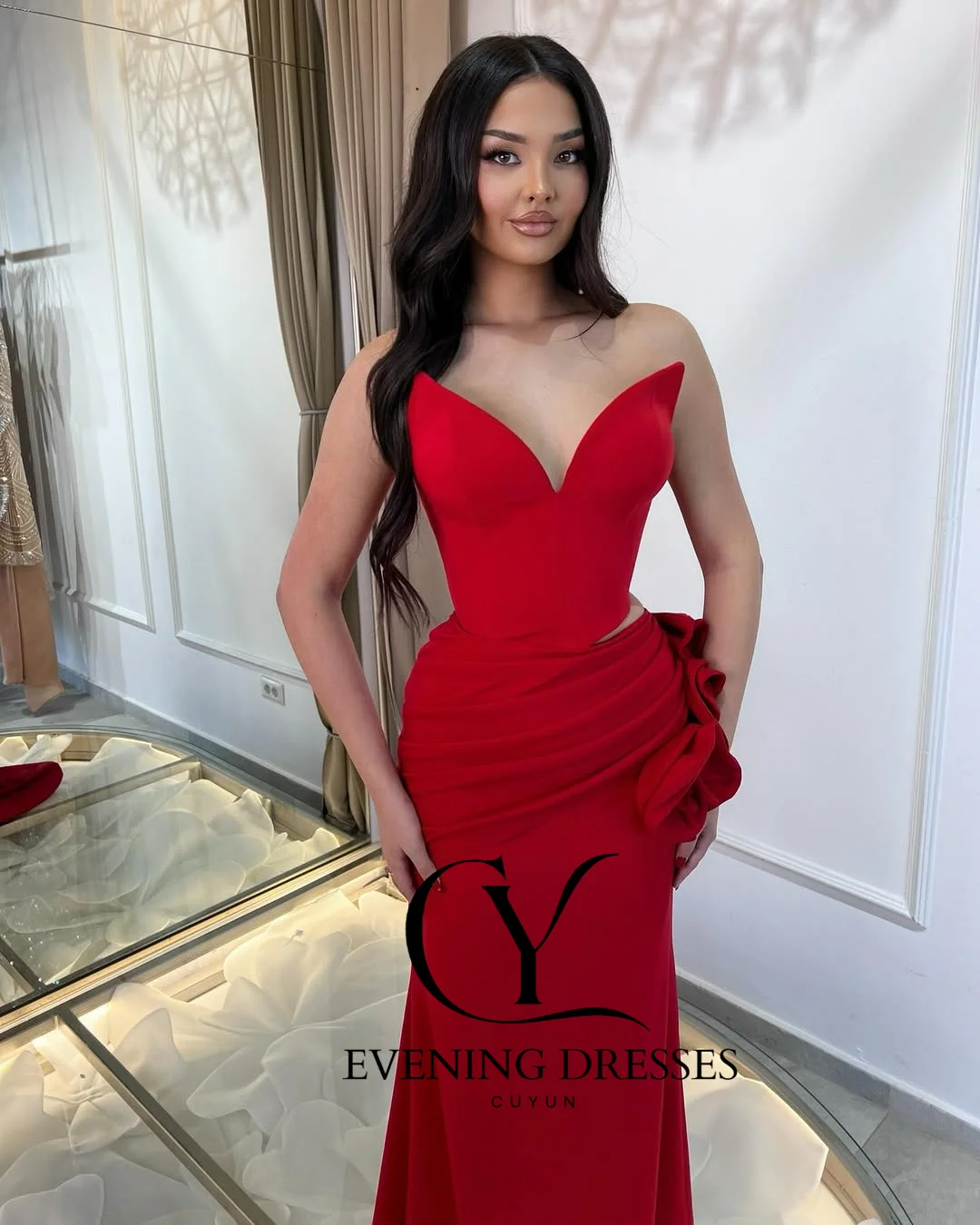 CUYUN Red Sexy Women Evening Gown for Special Occasion Strapless 3D Flowers Pleated Party Dresses Customized Banquet Dresses