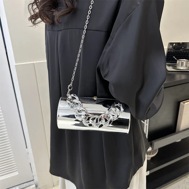 Barrel Shaped Women\'s Bag Metallic Fashion Chain Handbag Evening Hard Luxury Wallet Ins Small Cylinder Mirror Shoulder Bag Woman