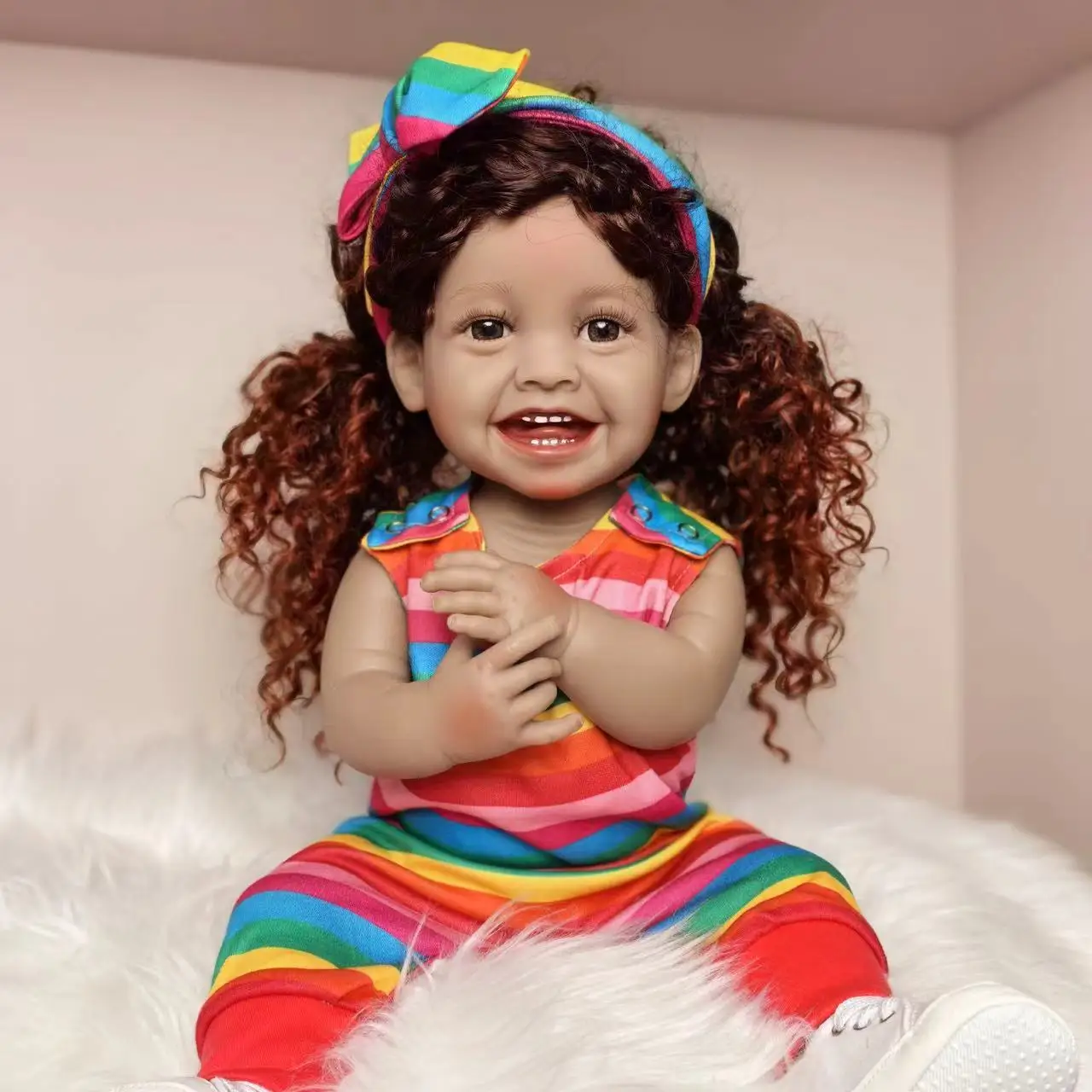 

Handmade Bonecas Reborn bebe Doll Realista 55cm Black Skin Smiling Girl Full Silicone Body Reborn Doll Kids Playmates DIY Toy