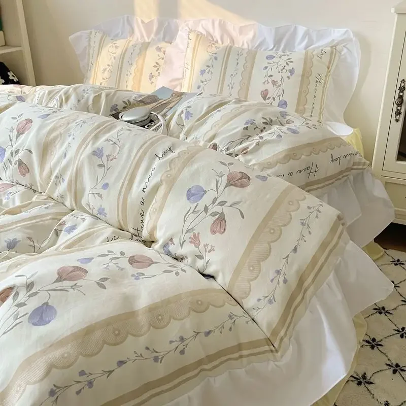 Juego de cama con adornos de encaje romántico francés, funda nórdica estampada respetuosa con la piel, fundas de almohada, textiles acogedores para el hogar para uso familiar, sin relleno