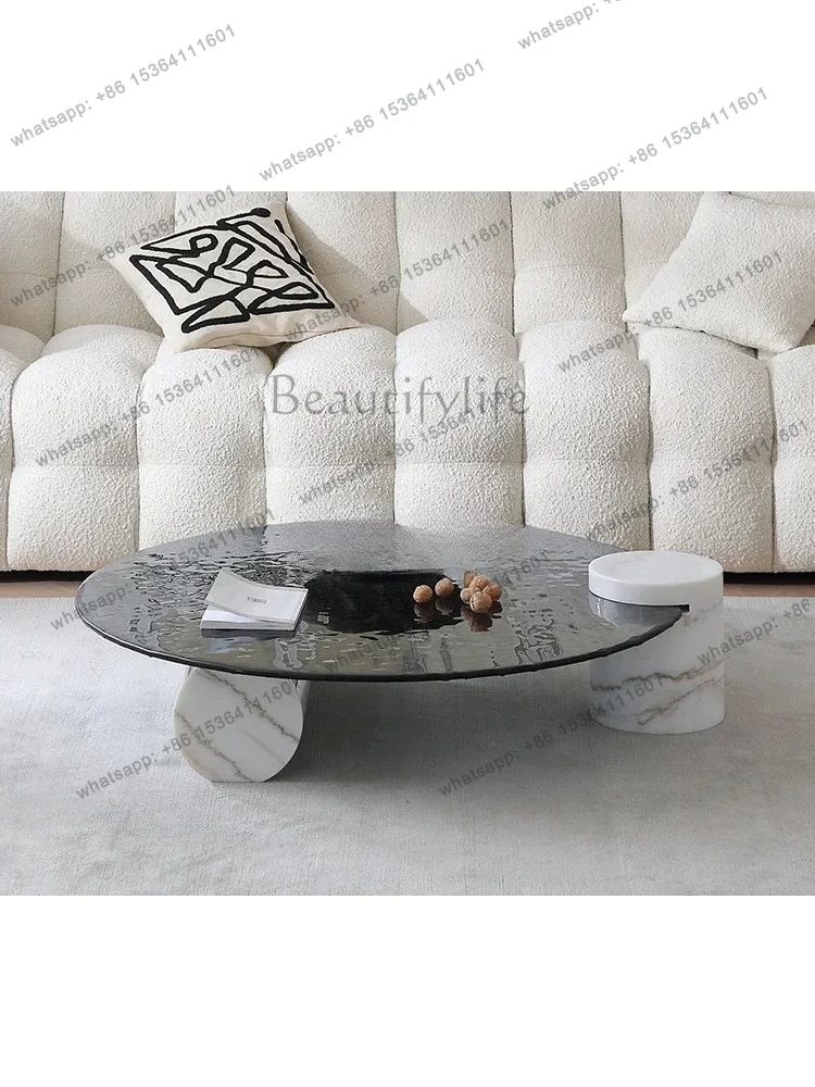 Italian Minimalist round Tea Table Marble Water Ripple Hot Melt Glass Tea Table