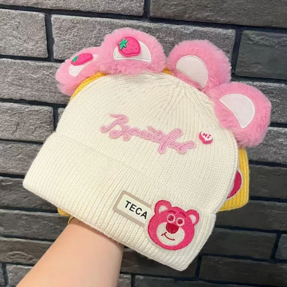 MINISO Disney Ear Baby Hat Fragola Orso Decorazione Bambini Ragazze Cappello lavorato a maglia Bambini Morbido caldo Copricapo Regalo di Natale