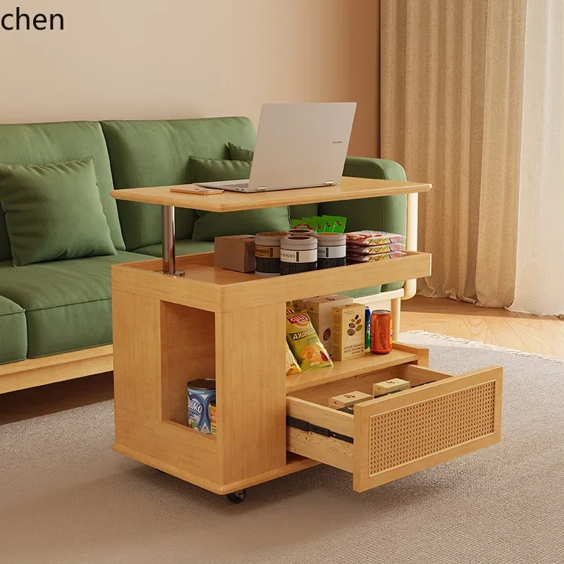 H1Coffee Table Living Room New Model Home Use Solid Wood Rock Board Height Mobile Dining Table Dual-use Trolley Small Apartment