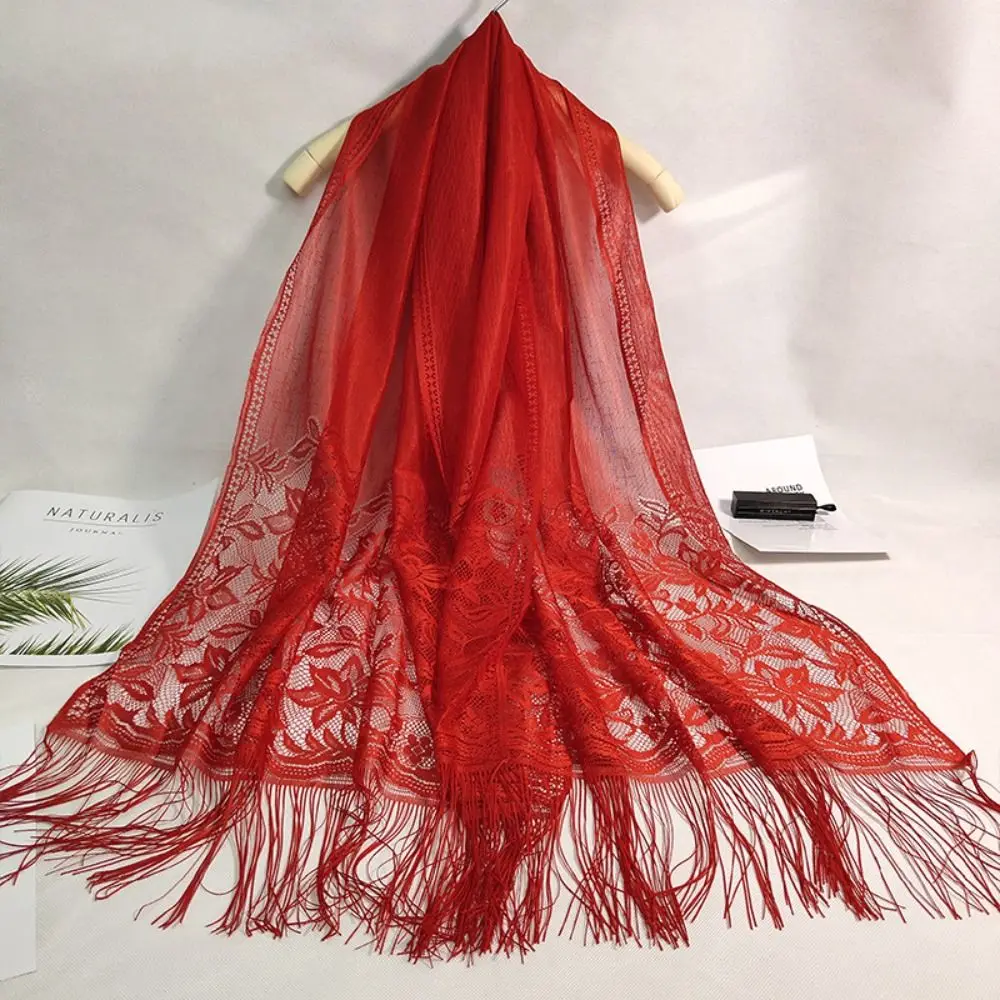 Lace Silk Scarf Ladies Pure Color Hollow Jacquard Tassel Scarf Indoor Shawl Travel Sunscreen Scarf Long Women Shawl