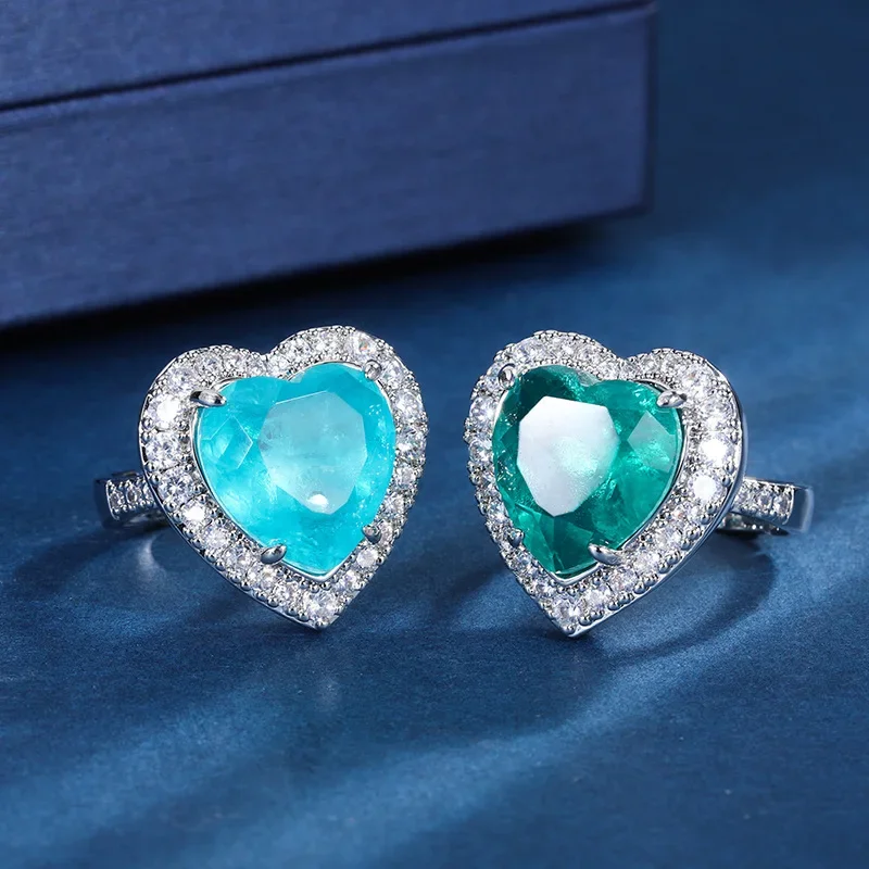 

Adjustable Heart-Shaped Gemstone Ring with Sparkling Crystals - Available in Blue and Green - Elegant Women's Jewelry