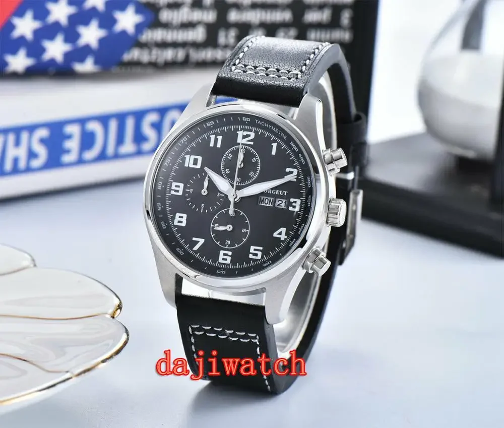 

41MM Corgeut Stainless Sterile black Dial full chronograph quartz watch male luminous date day Black leather strap men watch