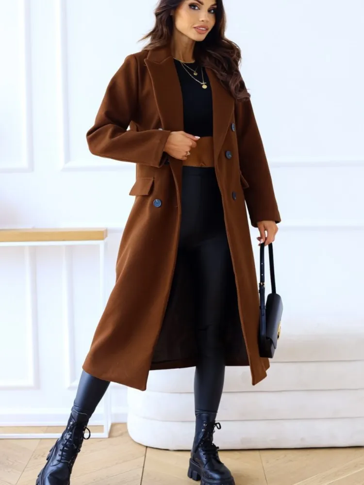 Autumn Woolen Midi Coat Women Long Sleeve Solid Fashion Casual Ladies Coats Loose Woman Coat 2023 Femme