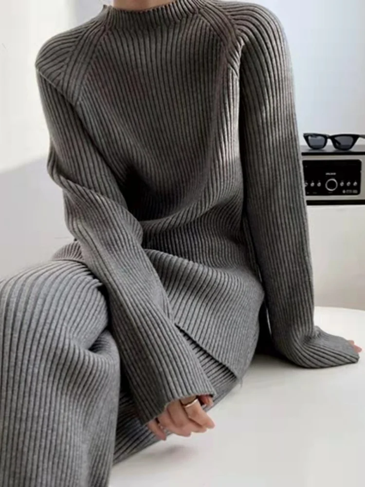 Two Piece Pant Sets Knit Sweaters Suit Full Sleeve Stand Collar Pullover Loose Casual Wide Leg Pants Solid Thick Suits