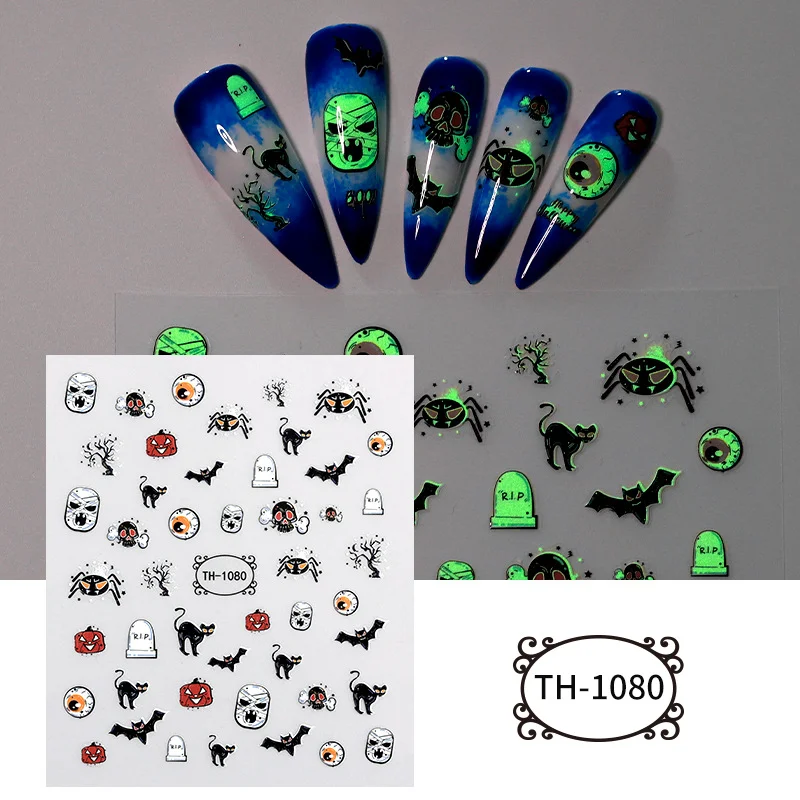 2 pezzi Halloween notte luminosa stile scuro fantasma teschio gatto palmo sanguigno 3D autoadesivo nail art adesivo manicure fai da te