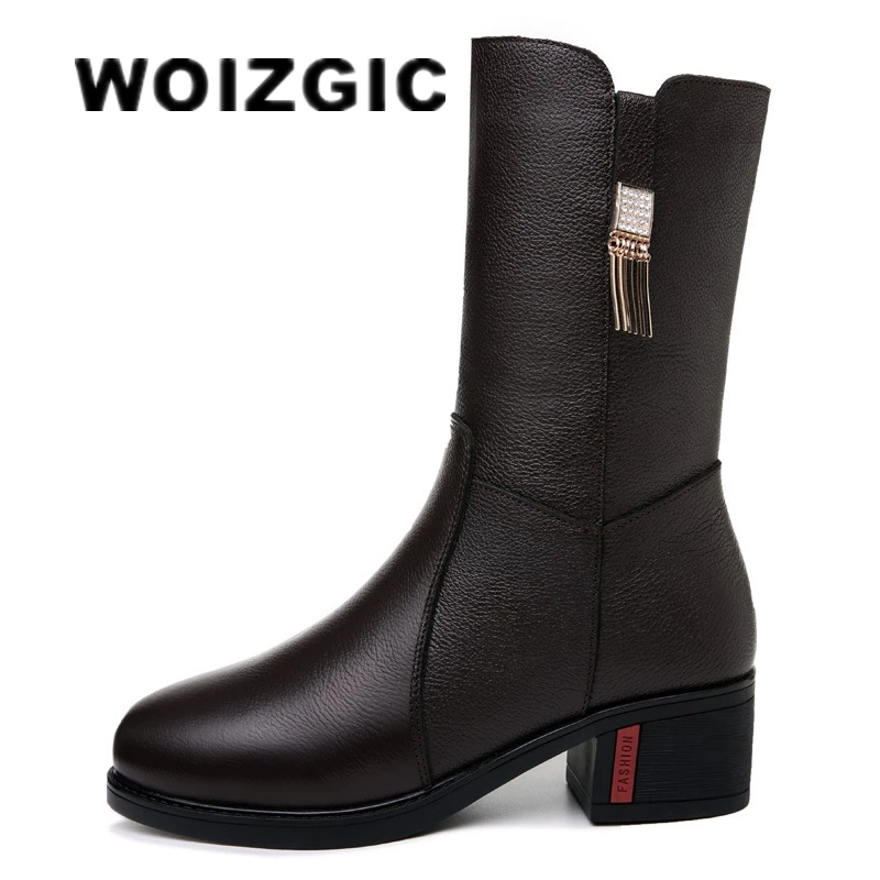 WOIZGIC Female Women\'s Mother Ladies Mid Calf High Heel Genuine Leather Shoes Boots Winter Fur Plush Zipper Plus Size 35-41