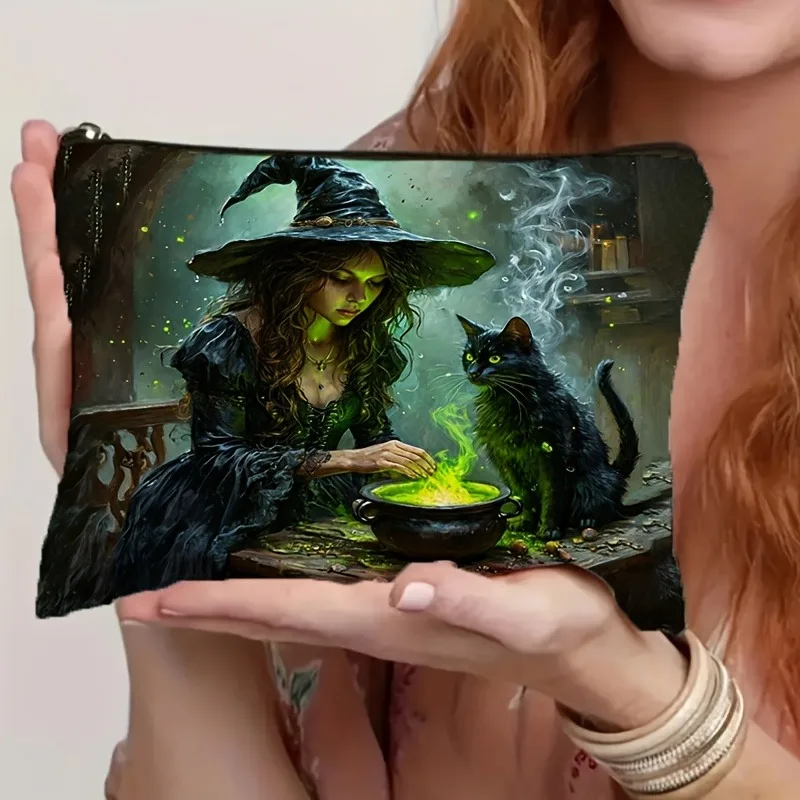 Enchanted Forest Witch and Cat Full Moon Cosmetic Bag Spooky HalloweenThemed Makeup Pouch with Bats, Stars, and Full Moon Design