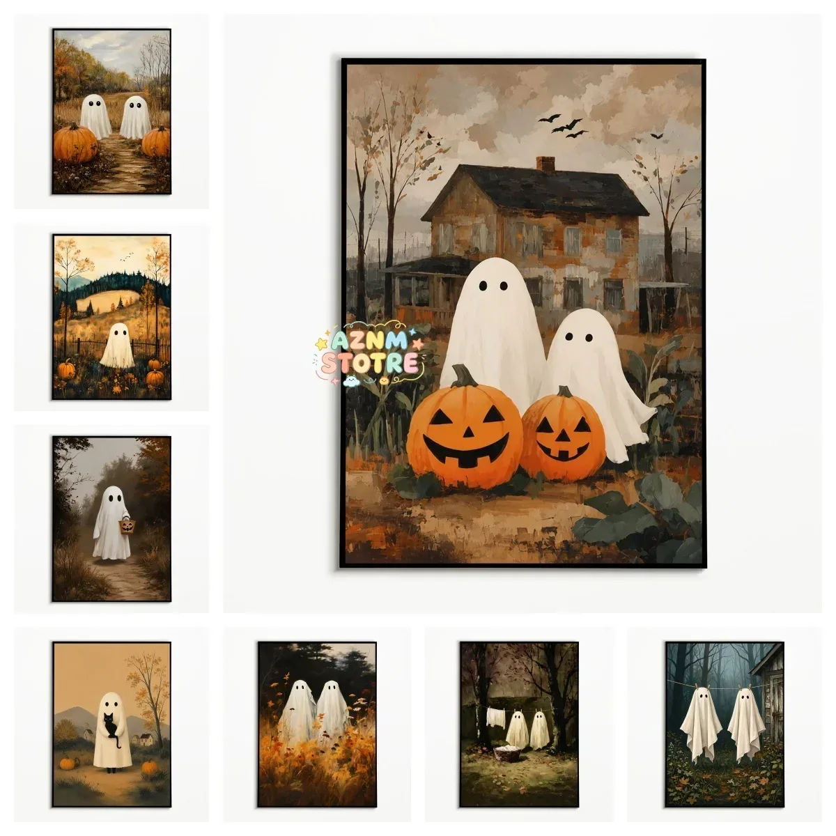 1PC Retro Farm Ghost Pumpkin Poster  Halloween Autumn Countryside Old House Wall Art  Frameless Canvas Printing Festival Gift