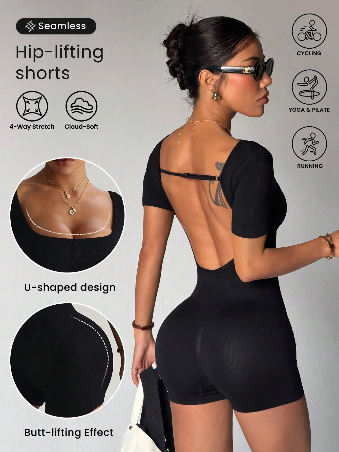 Short-Sleeved Yoga Jumpsuit with Hollowed-Out Back, Casual Fitness Pants, One-Piece Quick-Drying