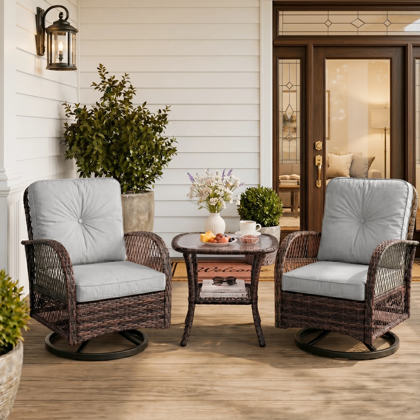 Outdoor Patio Wicker Swivel Rocker Conversation Set, Light Gray Thick Cushioned PE Rattan Swivel Chairs With Tempered Glass Side Table, Weather Resistant Seating Group, 3‑Pieces For Backyard, Garden, Poolside, Porch