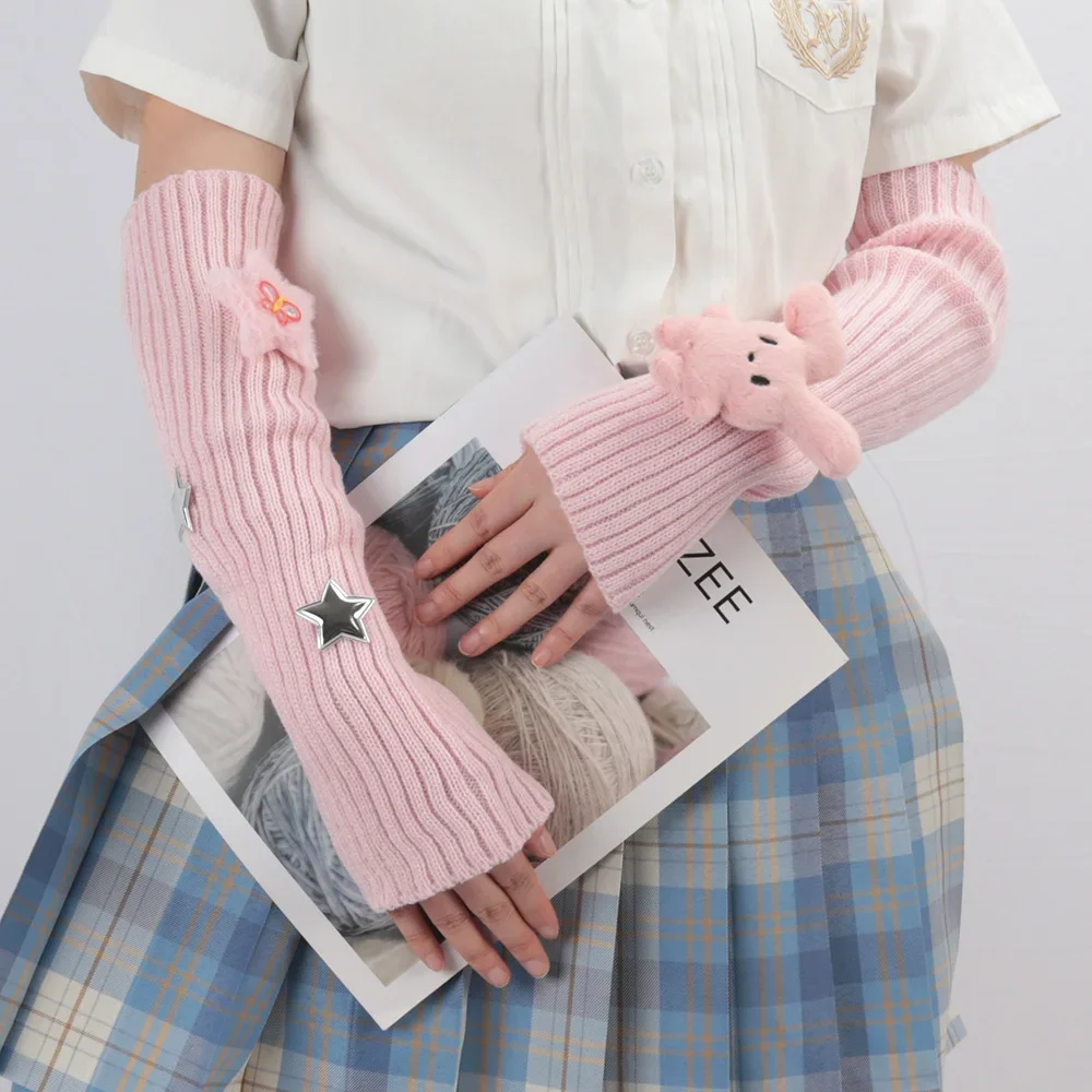 

Зимние кавайные рукава для женщин, утепленные вязаные грелки для рук, перчатки с длинными рукавами и половиной пальца, готическая варежка без пальцев