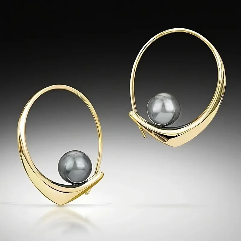Huitan Minimalist Hoop Earrings with Grey Imitation Pearl Statement Circle Earrings for Women Daily Wear Modern Jewelry Dropship