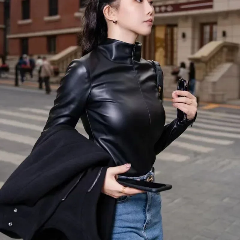 Women Long Sleeve High Neck Faux Leather Shirts Elegant Fashion Front Zip Tops Stretch Slim Pullover Matte PU Party Moto Costume