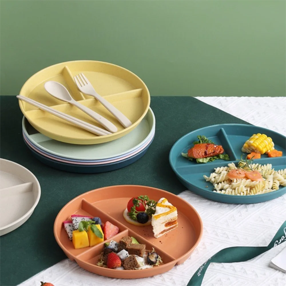 

Three-Compartments Divided Plate Eco-Friendly Wheat Straw Reusable Children Dishes Anti-fall Plastic Baby Tableware Household