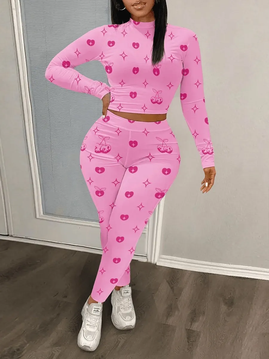 Lw Plus Size Roze Twee Stukken Fruit Print Broek Set Trui Lange Mouwen Ronde Hals Top & Schede Elastische Taille broek Fitness 2Pc