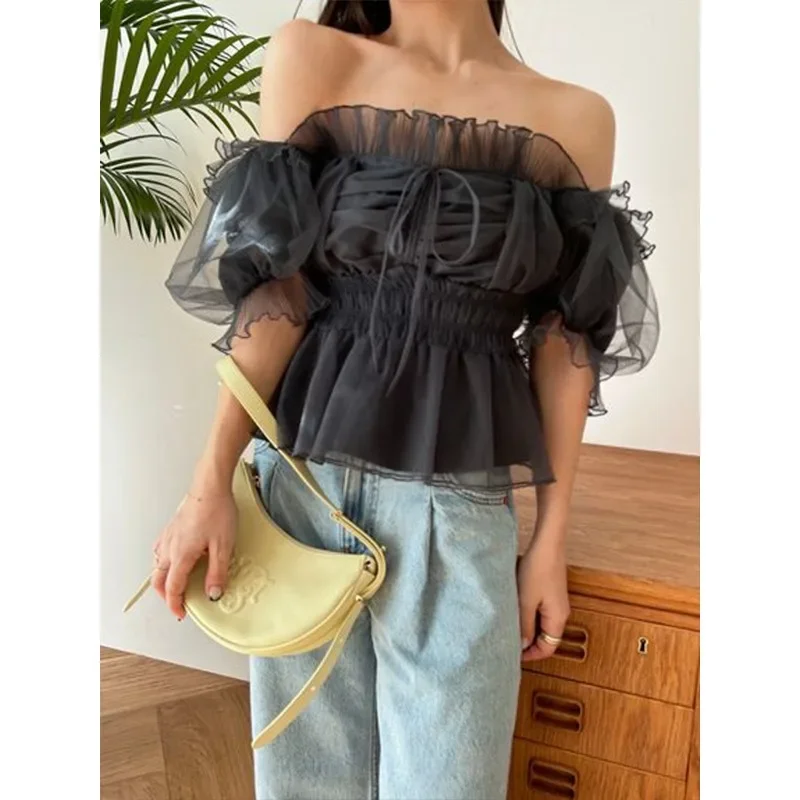 

Japan Style Sweet Mesh Design Tops Bubble Sleeve Collar Off-the-shoulder Shirts Female 2024 New Spring Summer Slim Waist Blouse