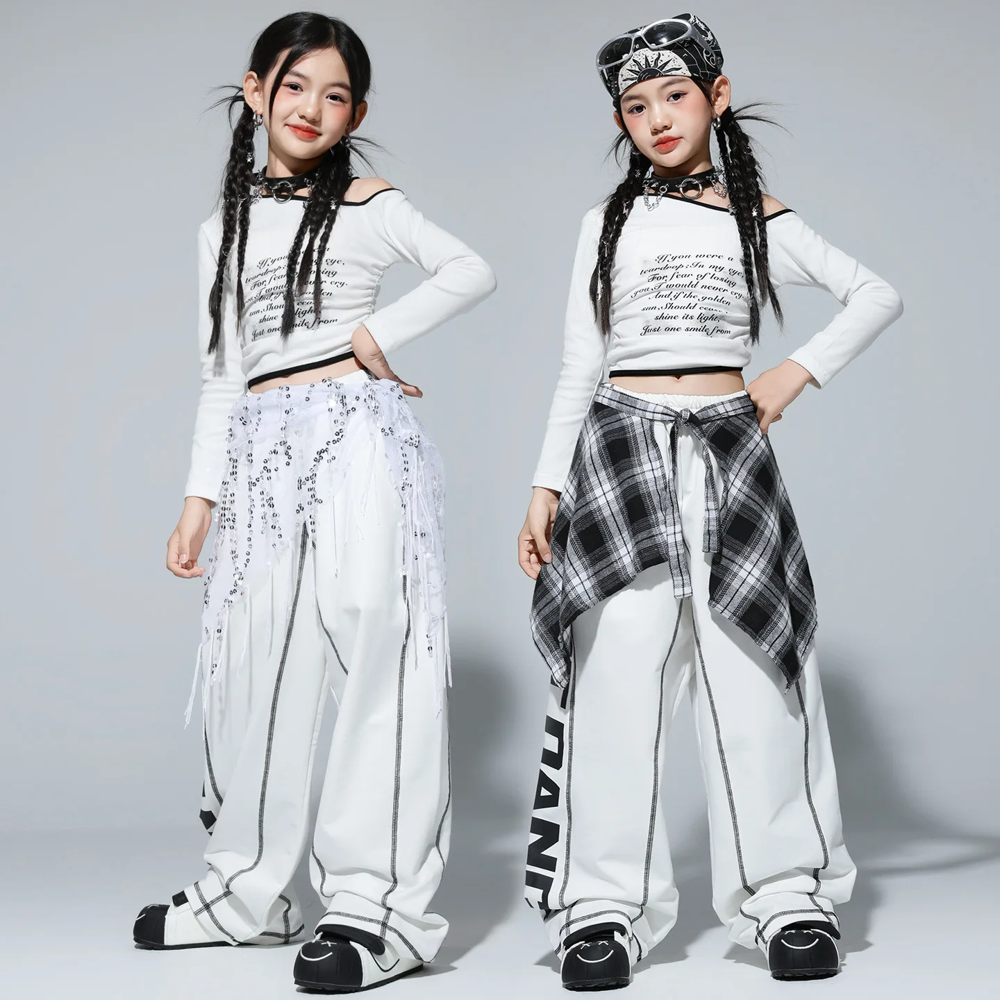 

Girls White Hip Hop Costume Letter Print Crop Top Pants Clothes Group Street Dance Clothing Set Kids Jazz Streetwear