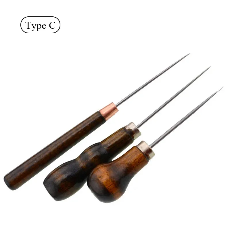 Wood Handle Leather Awl - Straight Awl Punching Tool for Leather Craft, Hole Puncher & Hand Stitching Drills