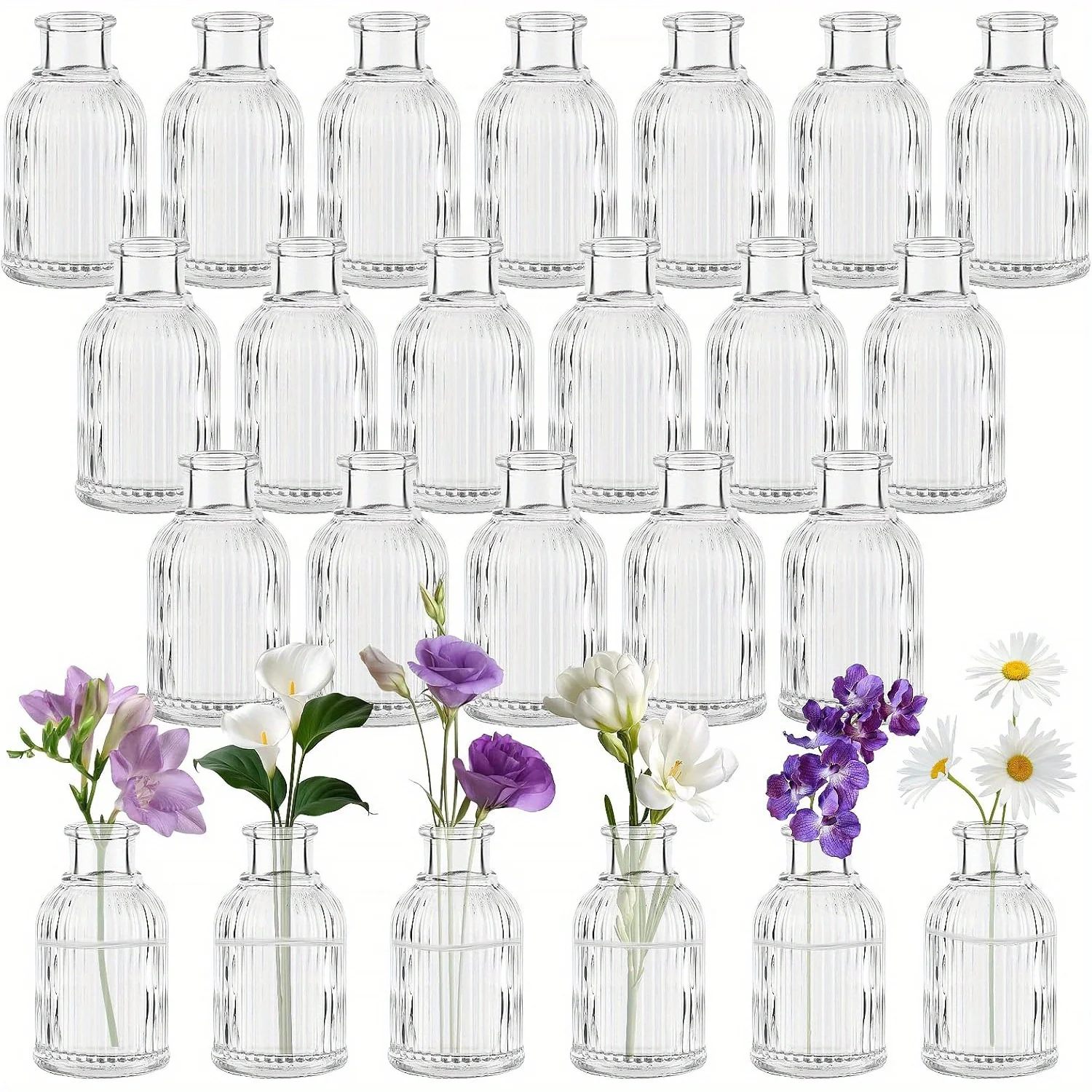 

20pcs Clear Glass Bud Vases - Ribbed Mini Vases for Wedding Centerpieces & Home Decor