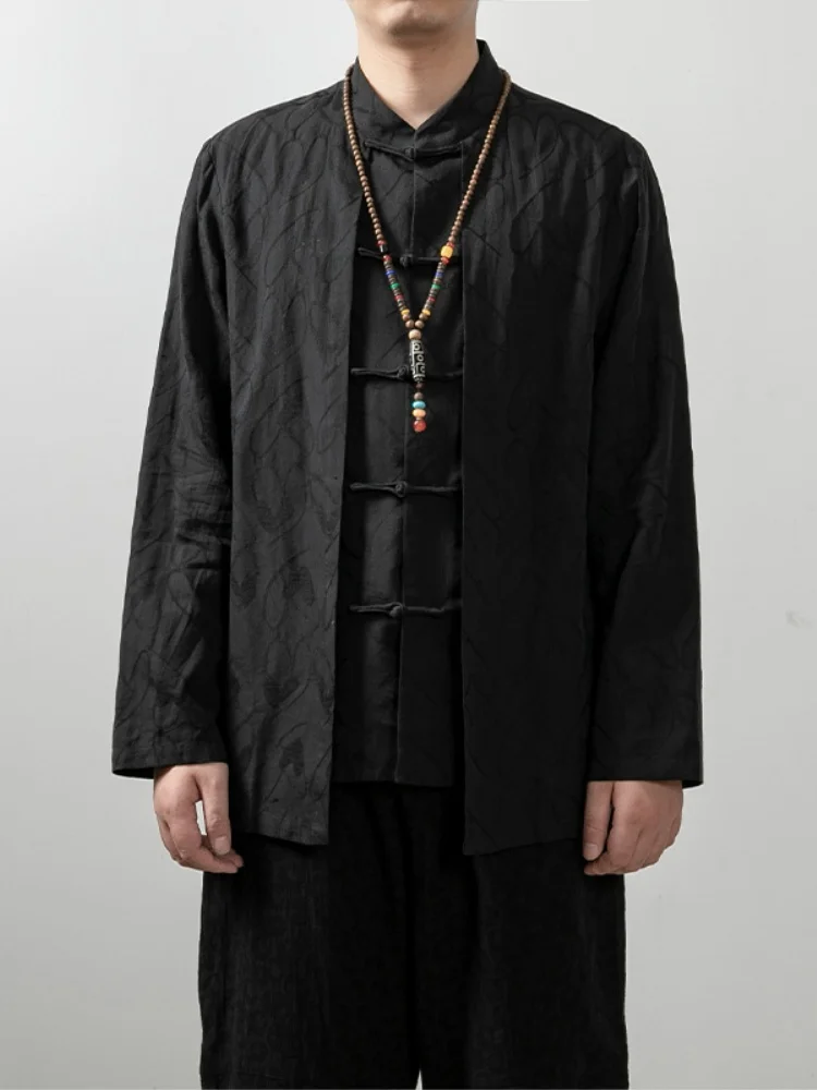 

Новая мужская рубашка в китайском стиле с воротником-стойкой, на пуговицах, с длинным рукавом, свободного кроя, молодежная, с узором, без глажки