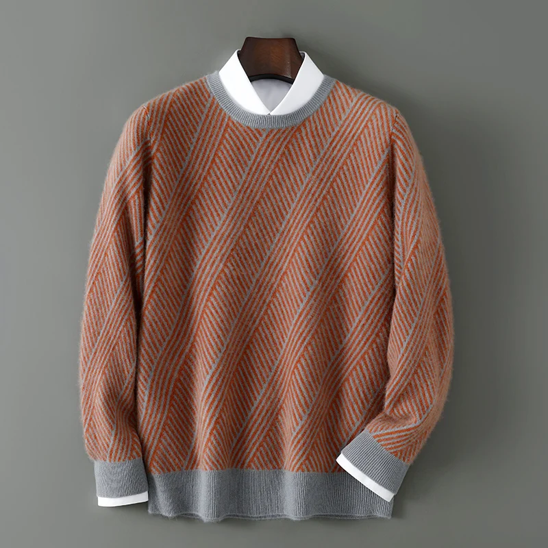 100% Pure Wool Men's Round Neck Long Sleeve Knit Sweater 2025 Autumn Winter New Color Blocked Stripe Splicing Crew Neck Pullover