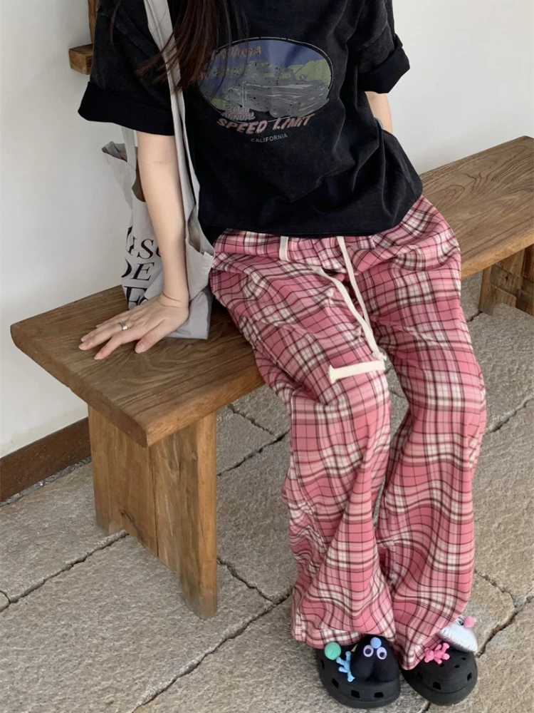 Summer Pink Plaid Wide Legged Pants Women 2024 Korean High Waist Elastic Drawstring Loose Slimming Casual Floor Slam Trouser