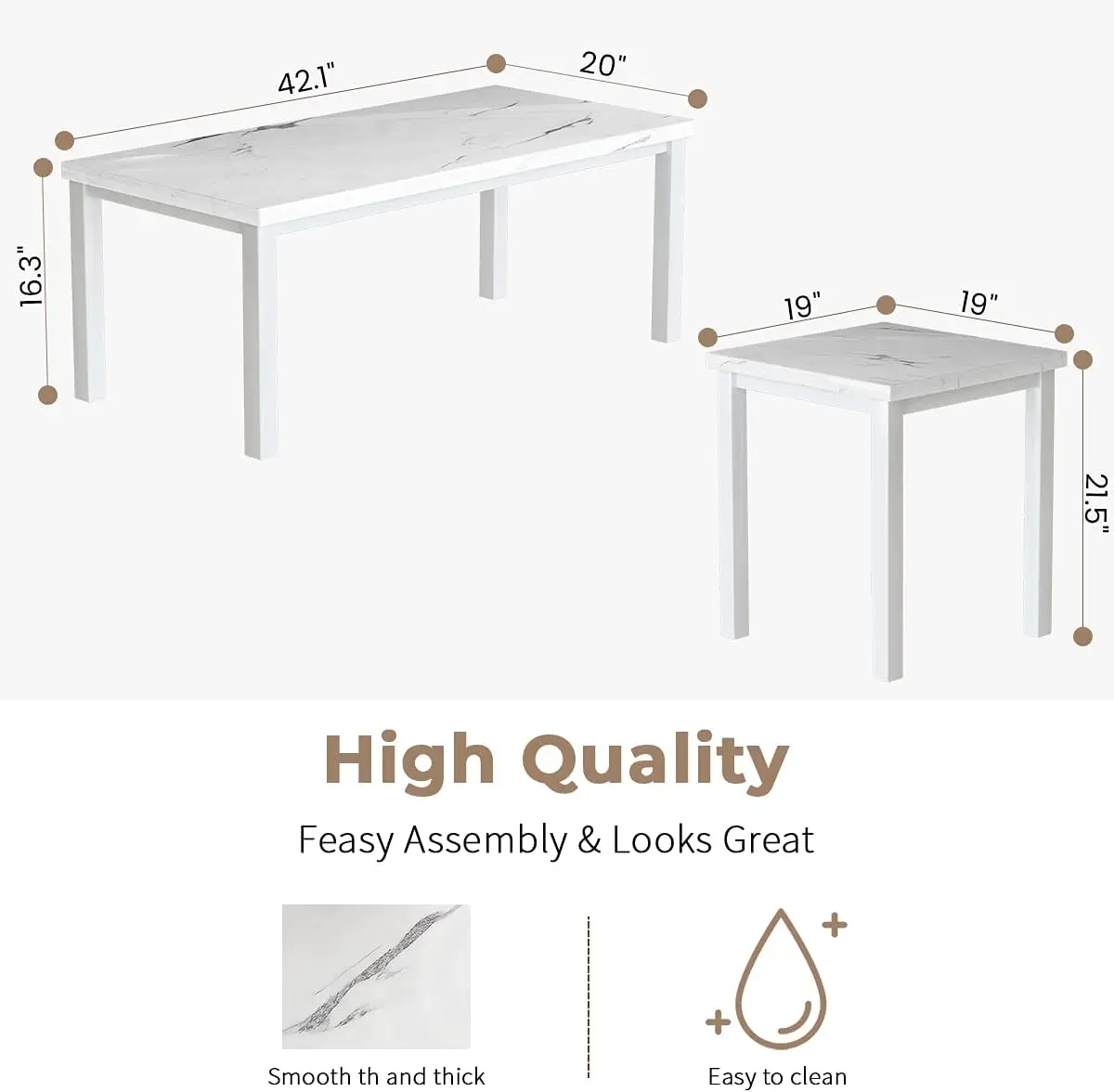 Faux Marble Coffee Table Set of 3 with Metal Frame