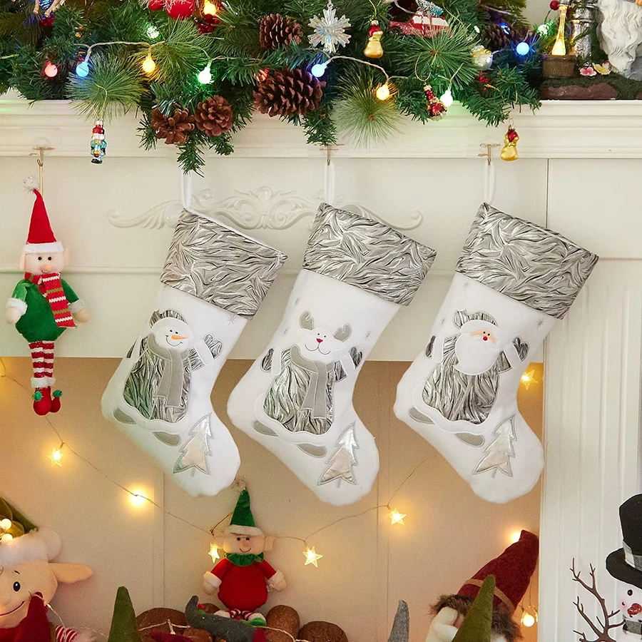 3 Pcs Christmas Stockings Silver Santa Elk Snowman Snowflake Fleece Luxury Cloth Socks for Assorted Xmas Tree Hanging Decor Gift