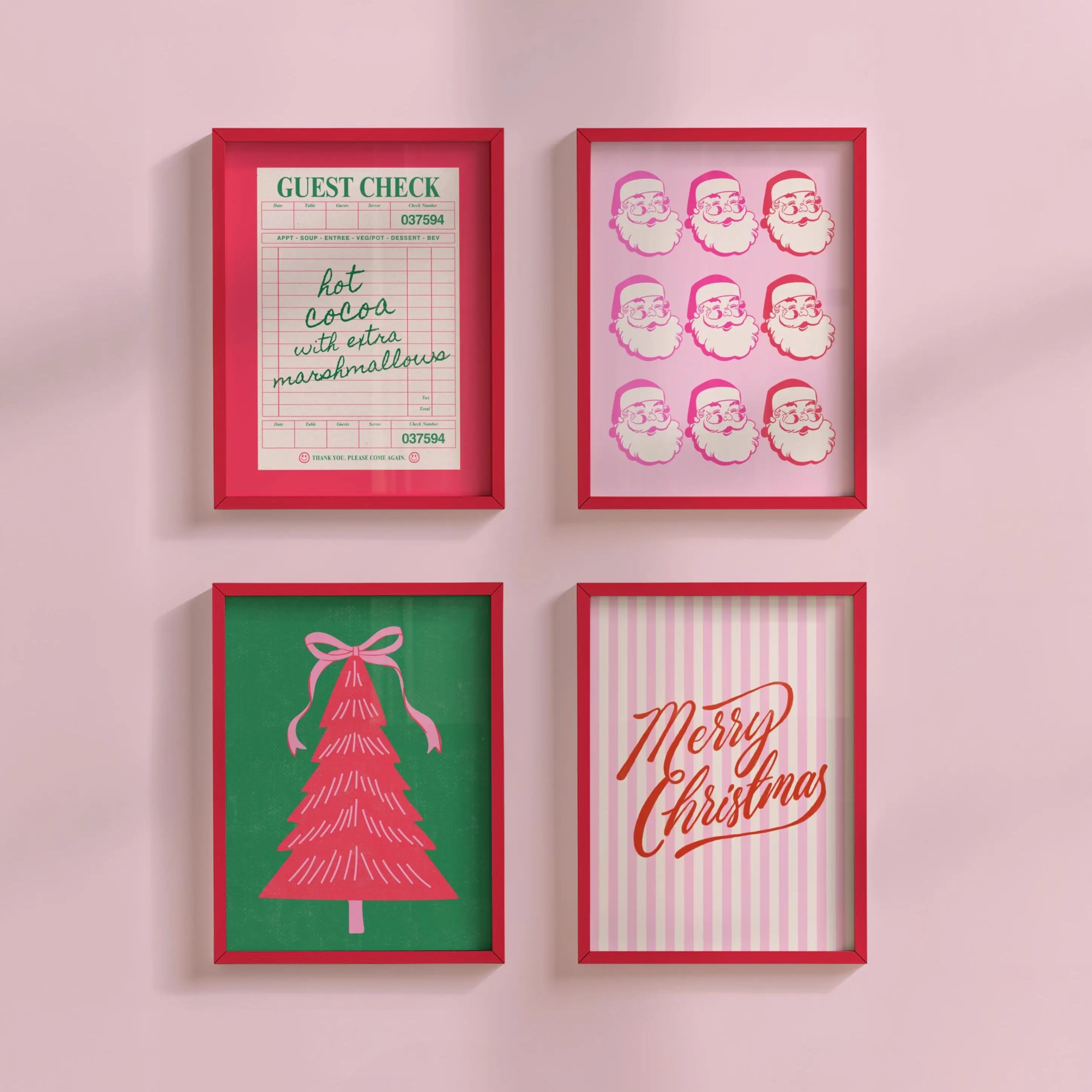 4pcs/Set Maximalist Christmas Posters Red Pink & Green Xmas Canavs Wall Art Posters for Living Room and Bedroom Decorations Gift