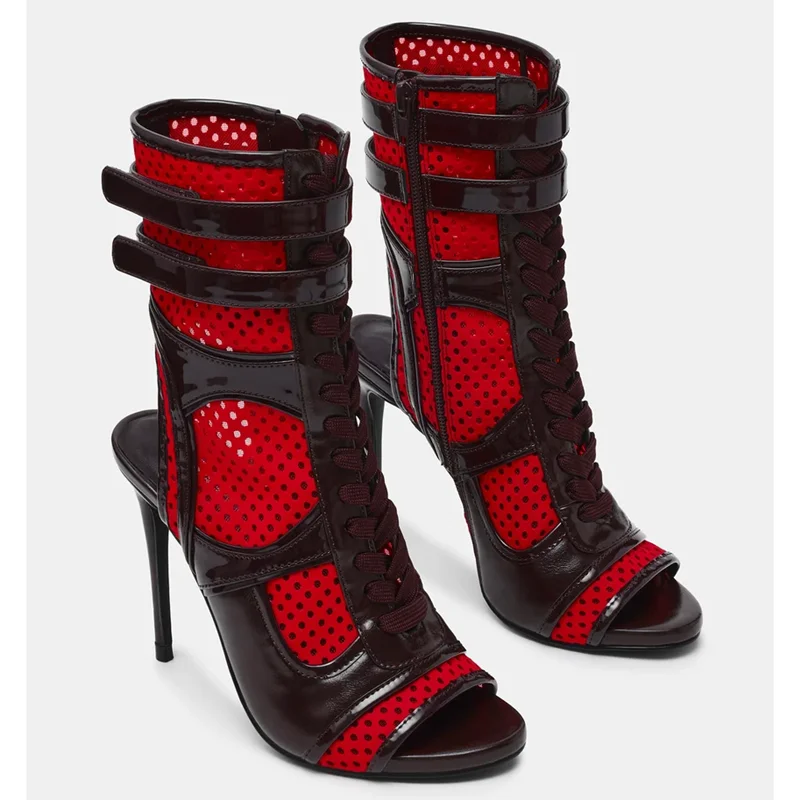 Bottines à talons épais en cuir, bout rond, sexy, avec épaules en résille, patchwork et découpes, personnalisables, nouveautés, bottes modernes pour femmes