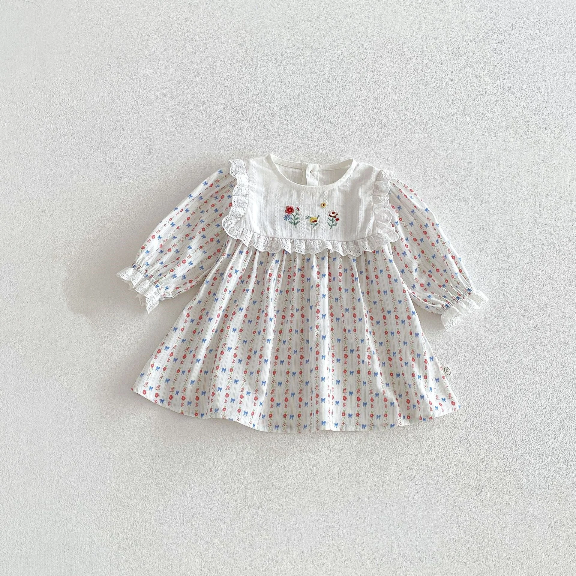 

6M-5T Spring Korean Children dresses Flowered Embroidery Girls Clothes Puff Sleeve Floral Dress for Girls