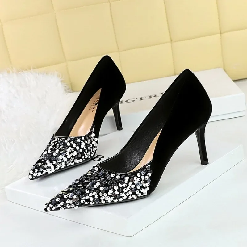 BIGTREE Shoes Women 7 Cm Heels Pointed Patchwork Sequin Cloth Women Pumps Luxury Banquet Shoes Stilettos Design Ladies Heels