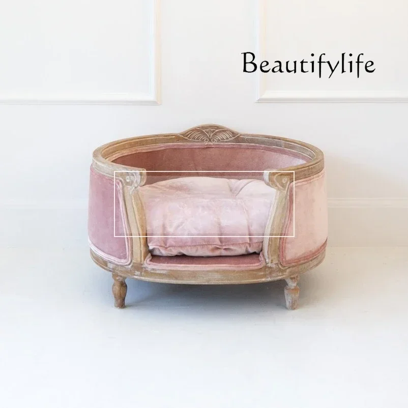 French retro weathered old solid wood lazy sofa single casual pet nest sofa
