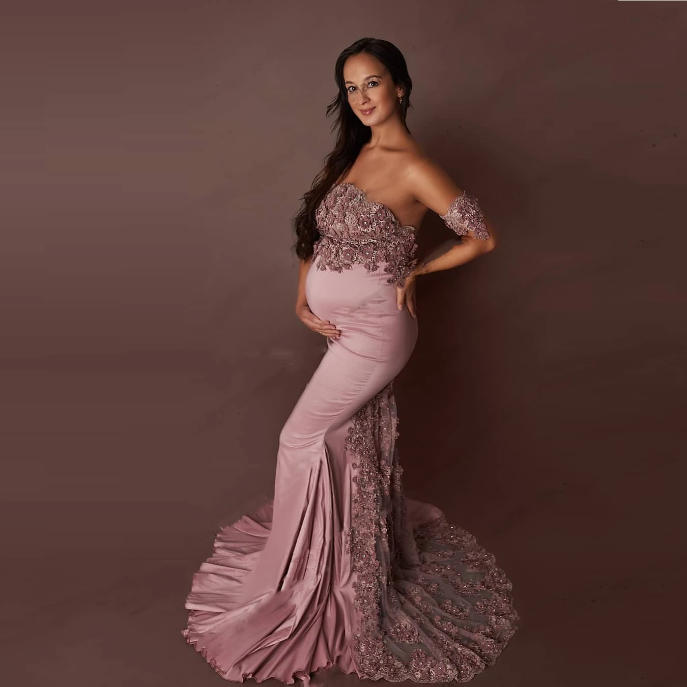 Chic Stretchy Maternity Dresses For Photography Prom Gowns Mermaid Applique Beads Maternity Dress with Sleeves Strapless Luxury