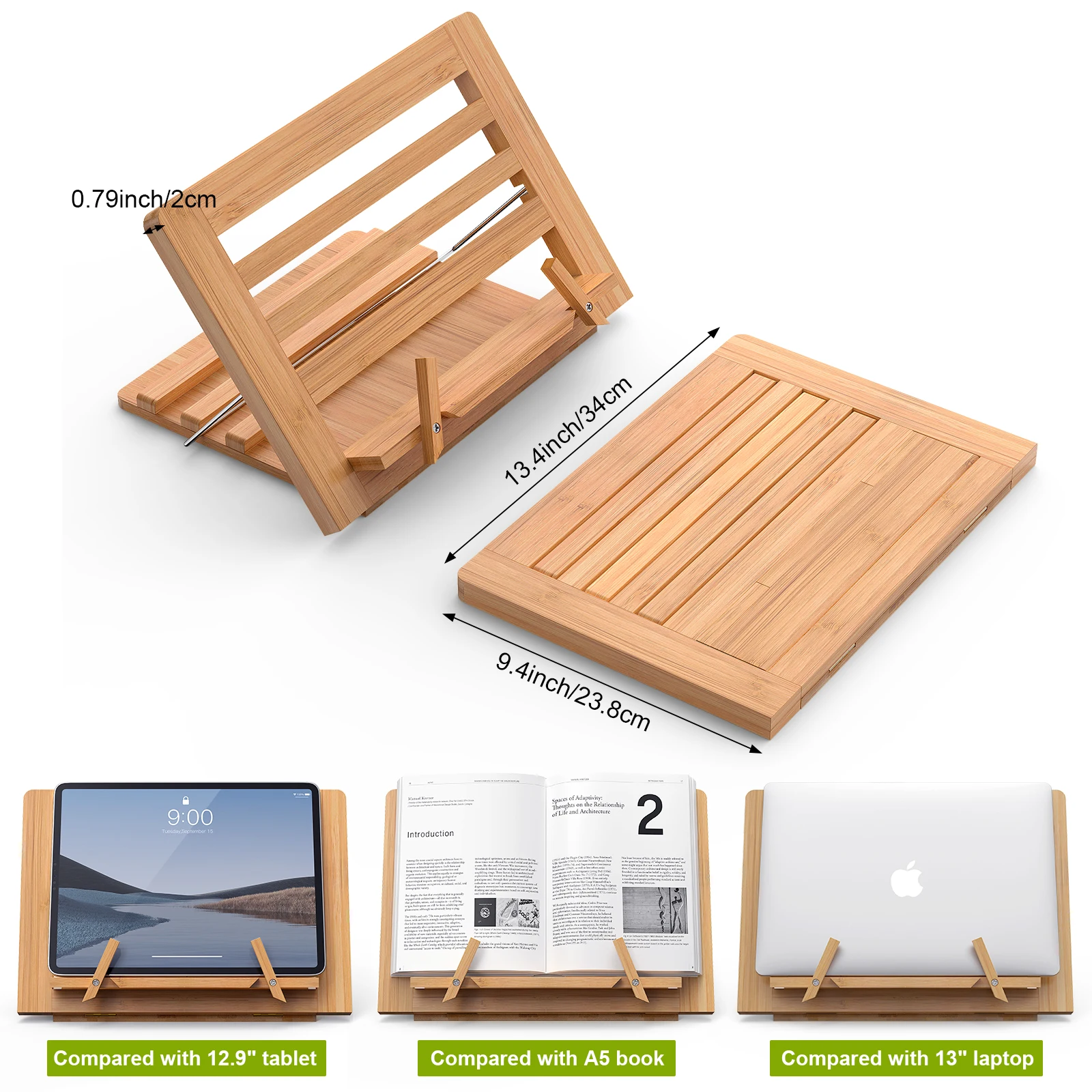 Bamboo Wood reading book stand adjustable foldable phone or PC stand lightweight cook recipe holder