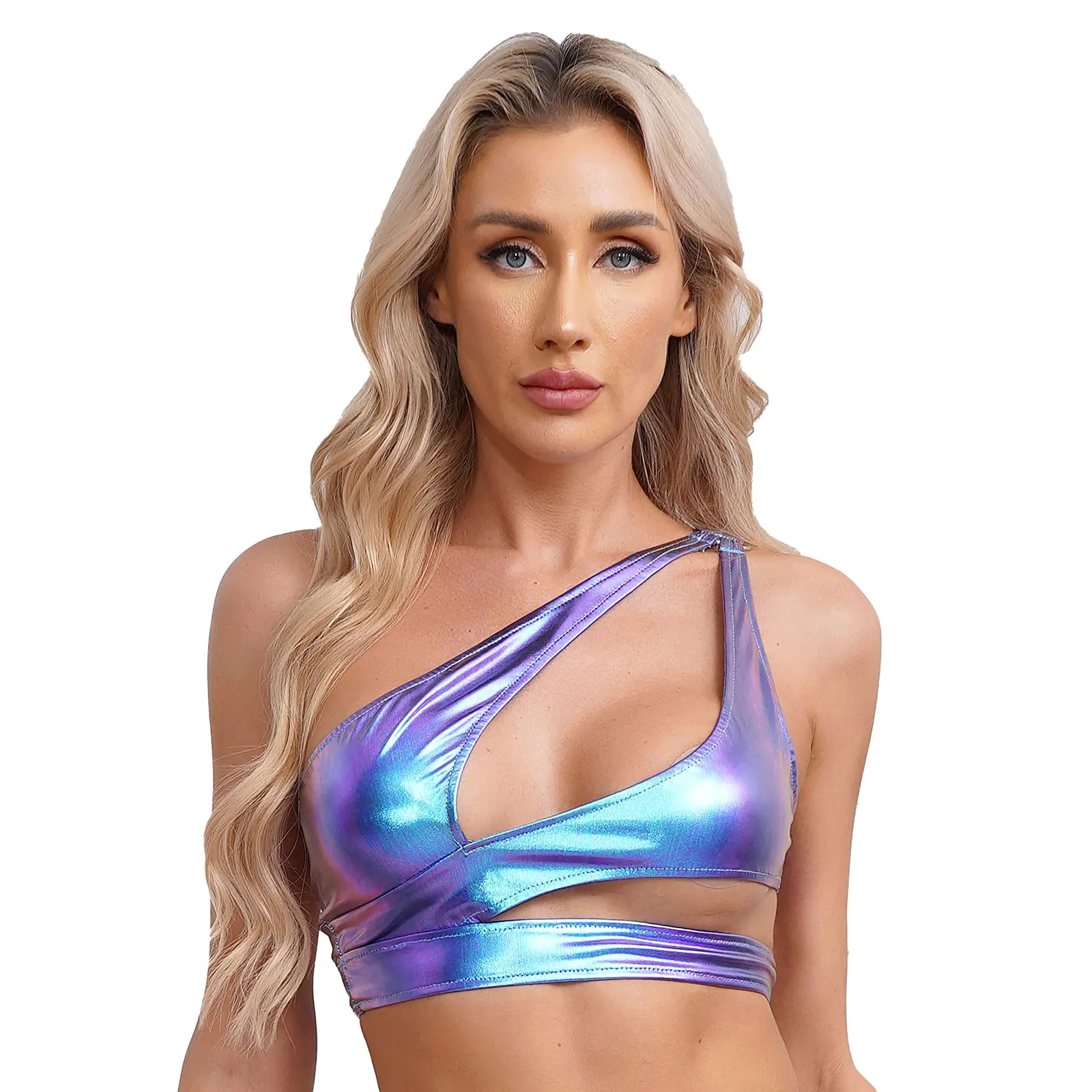 Halloween Womens Metallic Shiny One Shoulder Crop Top Sleeveless Cutout O-ring Bodycon Vest Tank Tops Stage Performance Costumes